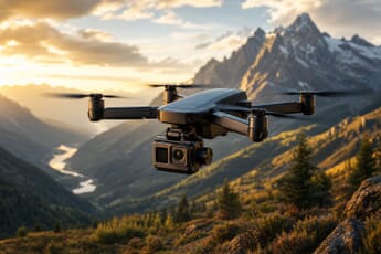 Camera drone hovering over a mountain valley with an action camera and 360 camera