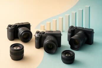 Three unbranded mirrorless cameras and lenses on a pastel surface with an upward bar-graph motif, illustrating rising camera production in 2026