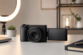 Compact creator mirrorless camera with a vari-angle screen flipped out and no viewfinder, on a desk with a ring light