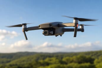 Consumer camera drone in flight over green hills under a blue sky