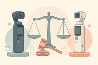 Conceptual illustration of two pocket gimbal cameras flanking scales of justice and a gavel — DJI patent lawsuit against Insta360