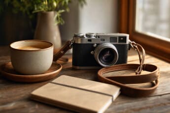 Retro compact rangefinder-style camera on a cafe table — Fujifilm X100VI Prime Day coverage