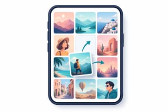 A phone showing a 3-column Instagram-style photo grid with one tile being dragged to a new position