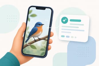 A hand holds an iPhone whose camera viewfinder is pointed at a bird, with an AI result card identifying the subject