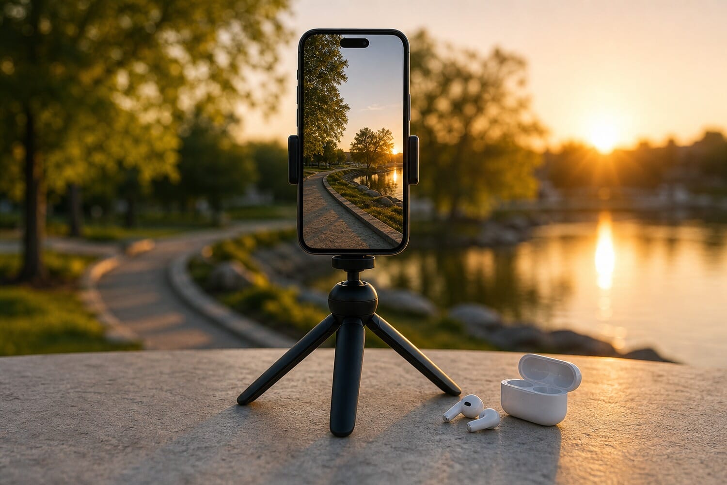 iPhone on a tabletop tripod with AirPods beside it, set up for a hands-free shot at golden hour