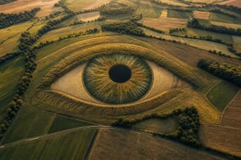 Aerial concept illustration of a giant human eye formed from crops in a field