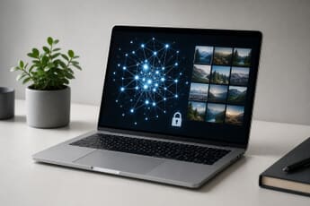 A laptop running local AI on a photo library with a privacy padlock, illustrating on-device AI for photographers
