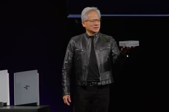 NVIDIA CEO Jensen Huang holds an MSI RTX Spark mini desktop on stage at the GTC Taipei 2026 keynote, with partner laptops on the table