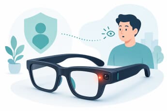 Concept illustration of smart glasses with a glowing recording-indicator light and a bystander noticing