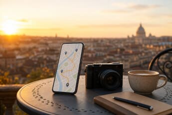 A phone showing a mapped photo-tour route beside a camera and coffee at a golden-hour city overlook