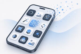 A smartphone of photo-app icons with one AI app dissolving away