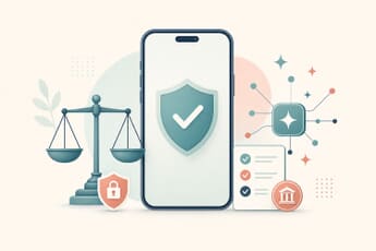 Conceptual illustration of tech regulation: a smartphone with a safety shield, scales of justice and an AI network — UK CSAM safeguard rules and AI image tools