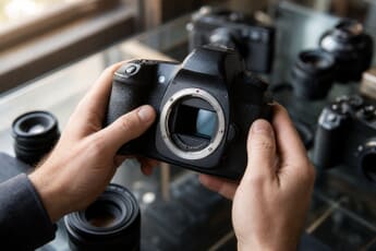 Two hands holding a used DSLR with the lens removed, showing the open mount and sensor, at a camera shop counter