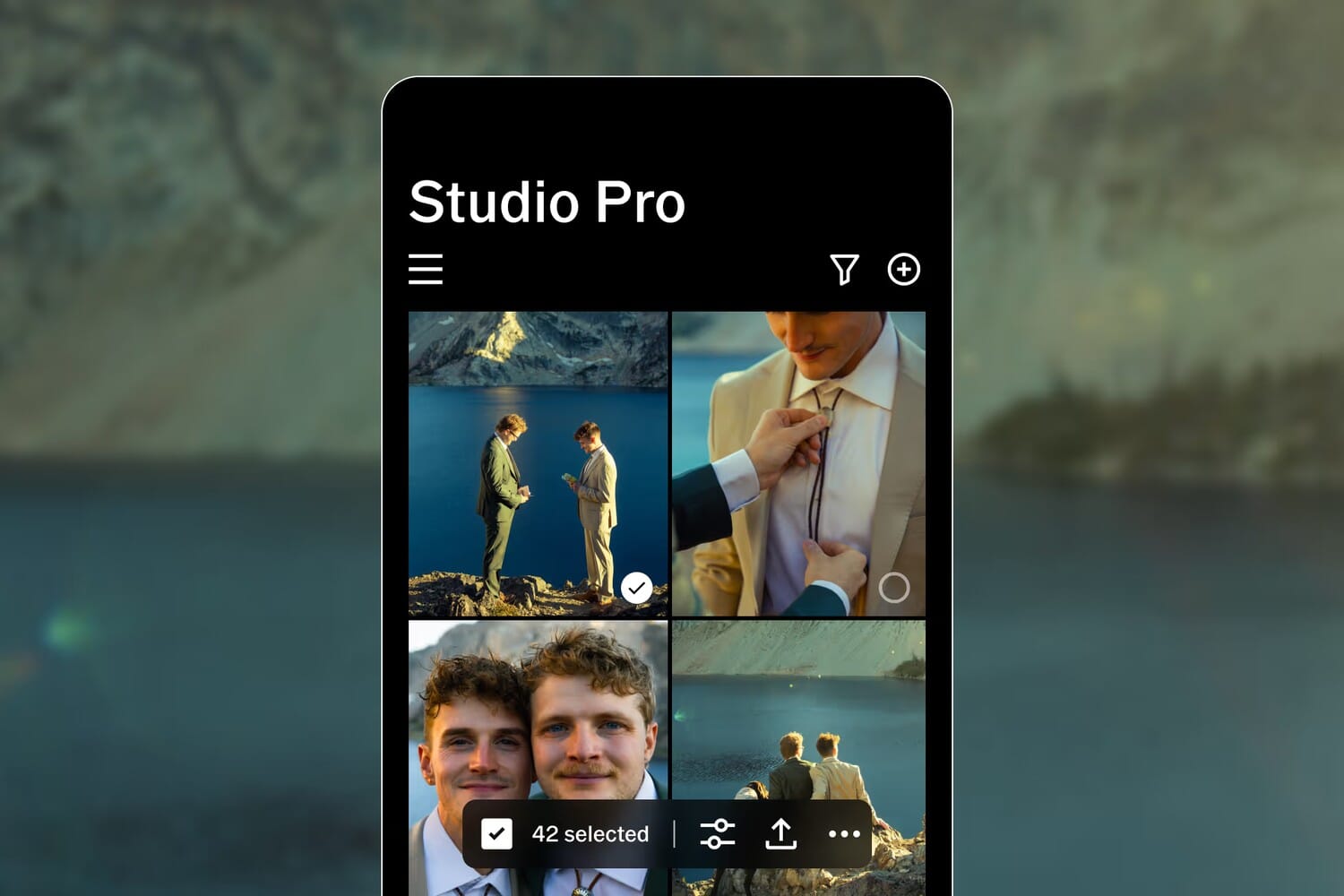 VSCO Studio Pro batch-editing interface showing 42 photos selected for batch edit