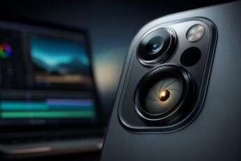 Close-up of a smartphone camera with visible aperture blades next to a blurred video-editing timeline