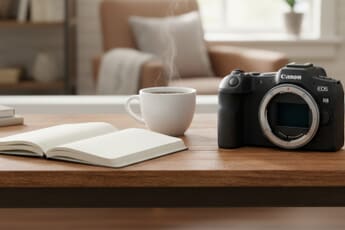 Canon EOS R8, the predecessor to the rumored retro EOS R8 Mark II, on a desk