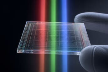 Concept render of a transparent camera image sensor with red, green, and blue light passing through it
