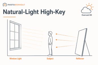 Natural-light high key photography setup diagram with window light, subject, and reflector