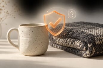 A handmade ceramic mug and knitted items with a digital authenticity shield and question mark, illustrating Etsy's demand for proof a product photo is real