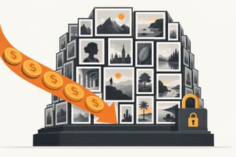 A stock-photo archive wall with a padlock and an incoming cash arrow, illustrating Getty Images going private through a funded restructuring.