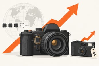 Concept illustration: a global memory-chip shortage pushing a new camera body and a vintage compact camera both up in price.